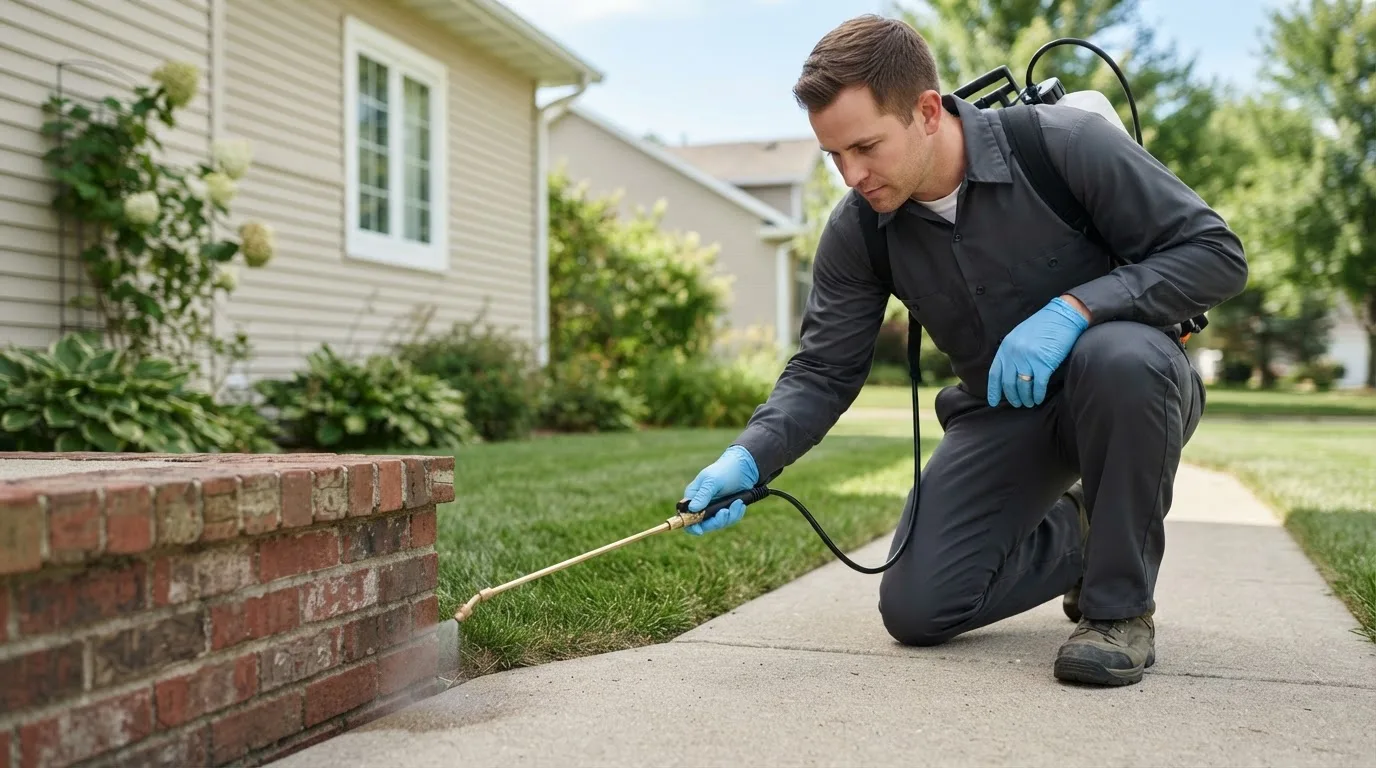 Pest control technician treating a home near Carney, MI