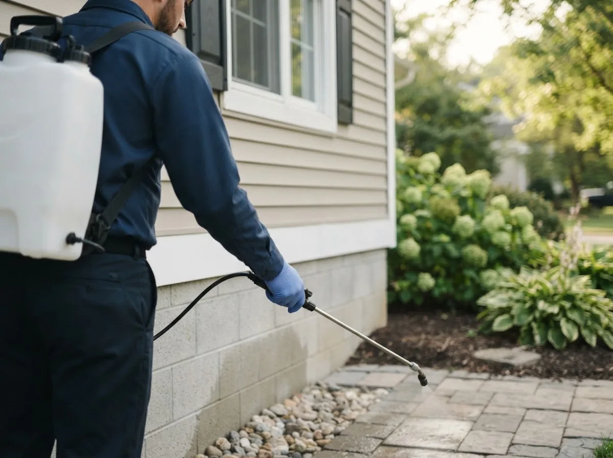 Pest control technician inspecting a home in Carney, MI